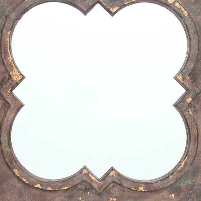 Quatrefoil Pattern Wood Mirror with Distressed Finish, Silver and Brown