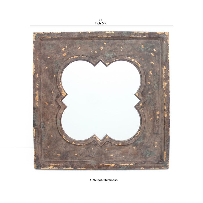 Quatrefoil Pattern Wood Mirror with Distressed Finish, Silver and Brown