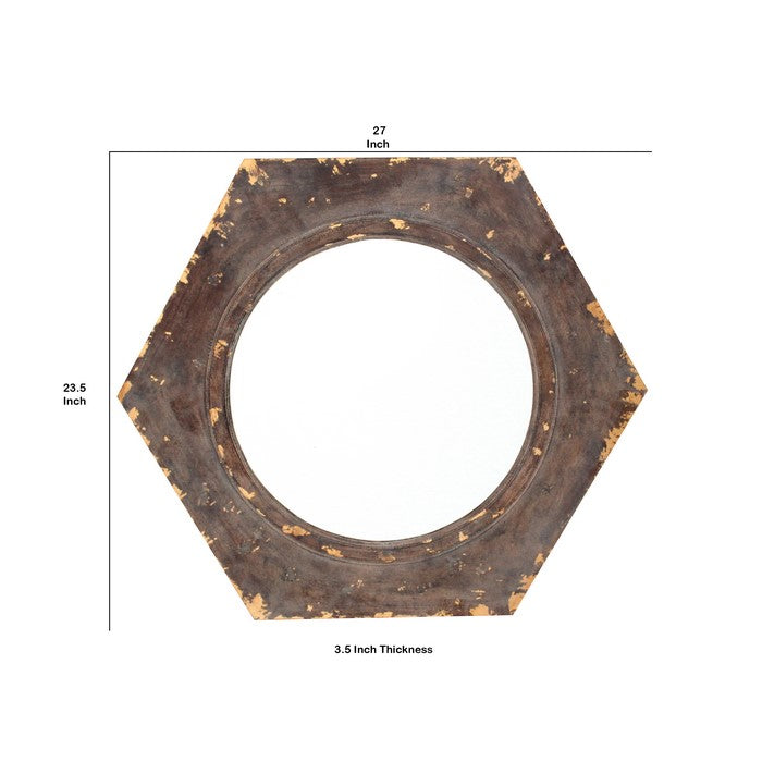 Rustic Style Wooden Wall Mirror with Hexagonal Frame, Silver and Brown