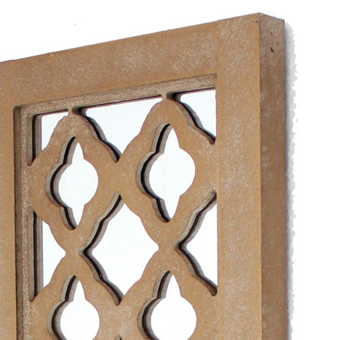 Wooden Rectangular Candle Holder with Quatrefoil Pattern, Brown and Silver
