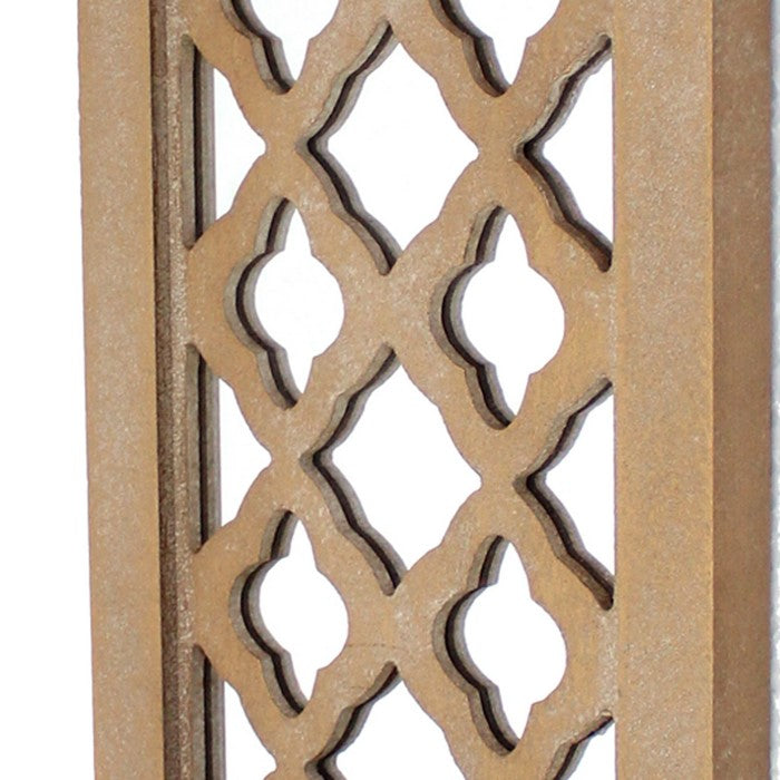 Wooden Rectangular Candle Holder with Quatrefoil Pattern, Brown and Silver
