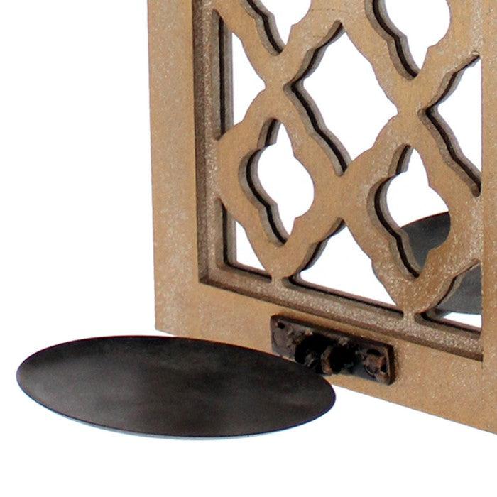 Wooden Rectangular Candle Holder with Quatrefoil Pattern, Brown and Silver