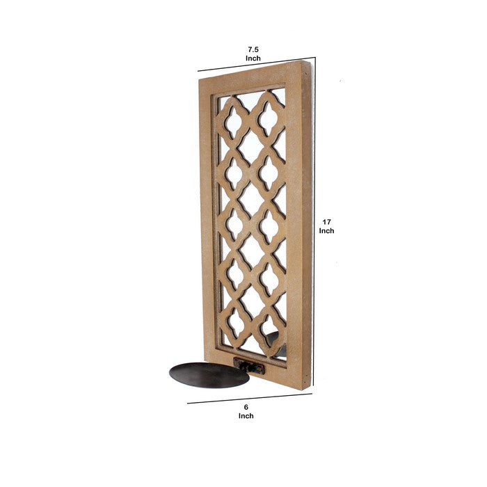 Wooden Rectangular Candle Holder with Quatrefoil Pattern, Brown and Silver