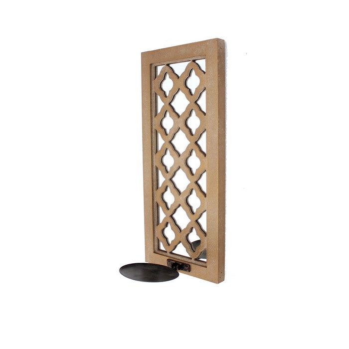 Wooden Rectangular Candle Holder with Quatrefoil Pattern, Brown and Silver
