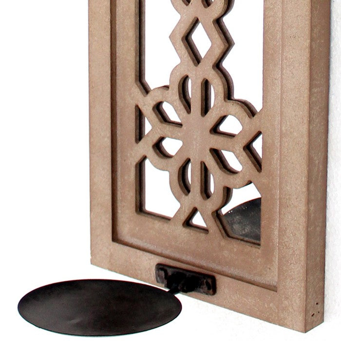 Rectangular Wood Candle Holder with Floral Lattice Design, Set of 2,Brown