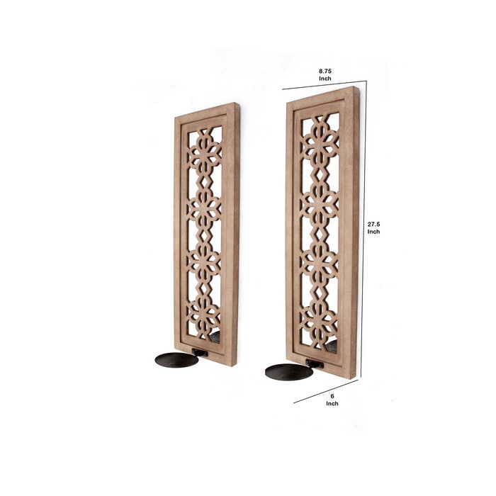 Rectangular Wood Candle Holder with Floral Lattice Design, Set of 2,Brown