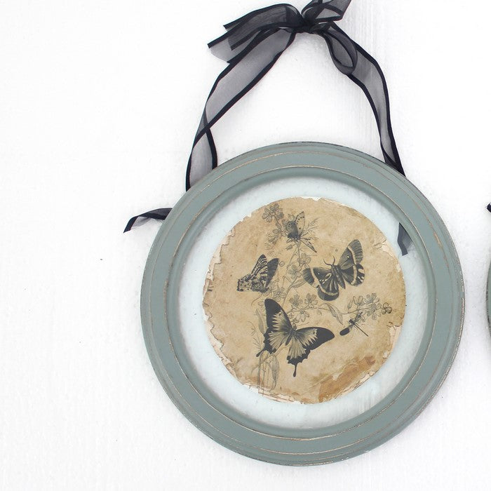 2 Piece Glass Plate Design Wall Decor with Ribbon Hanging, Gray and Clear