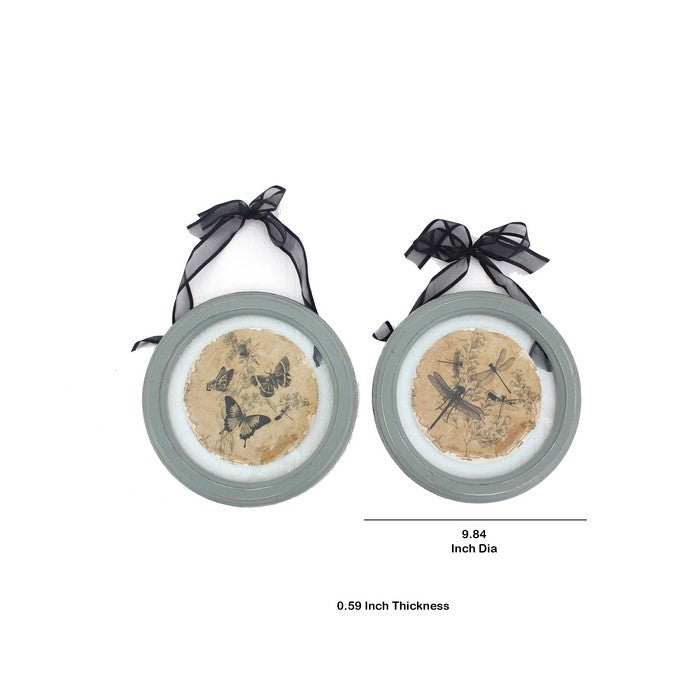 2 Piece Glass Plate Design Wall Decor with Ribbon Hanging, Gray and Clear