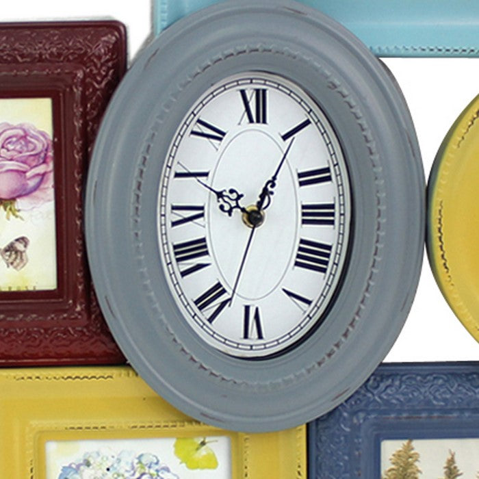 7 Piece Wall Decor with Oval Shape Clock At Centre, Multicolor