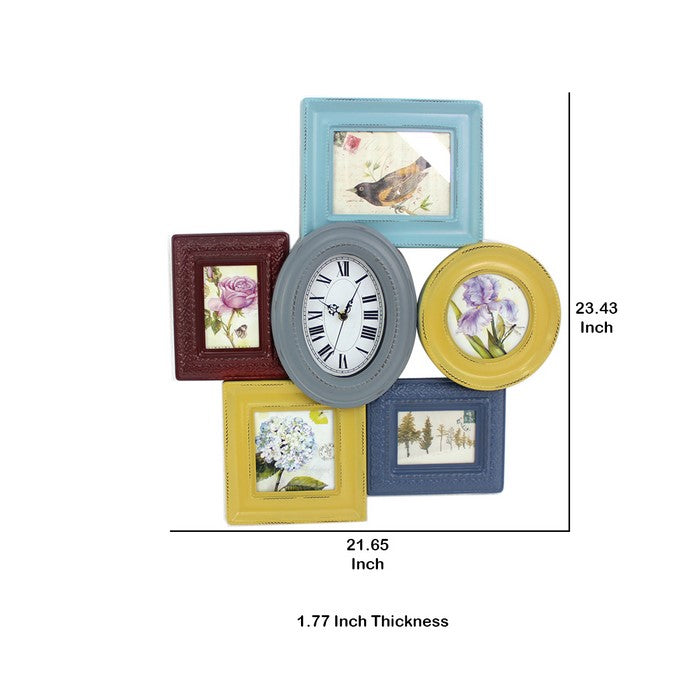 7 Piece Wall Decor with Oval Shape Clock At Centre, Multicolor