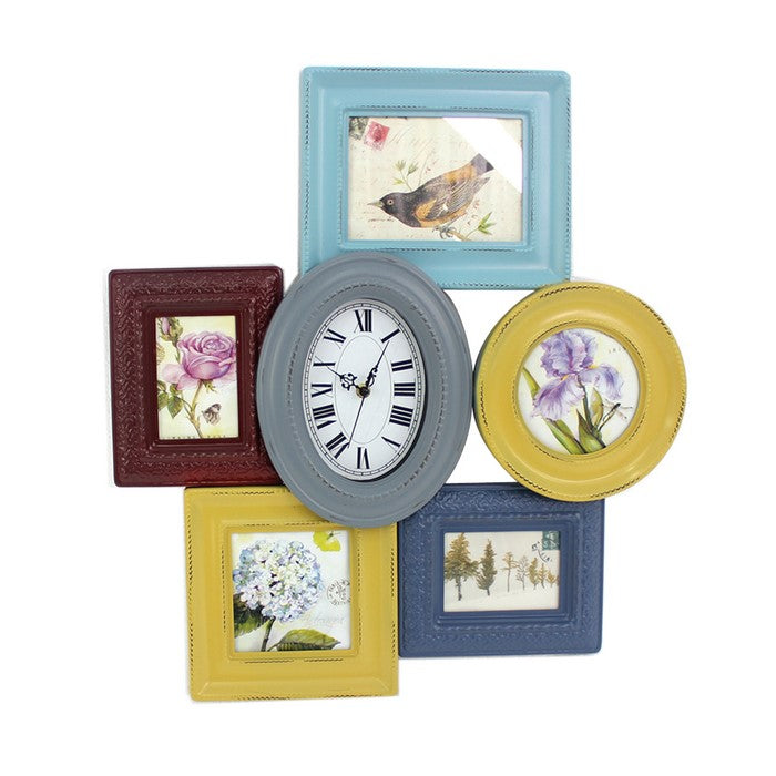 7 Piece Wall Decor with Oval Shape Clock At Centre, Multicolor