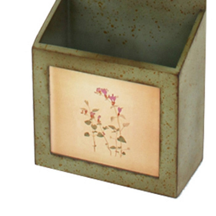 Rustic Wooden Wall Organizer with 3 Box Slots and Floral Pattern, Green