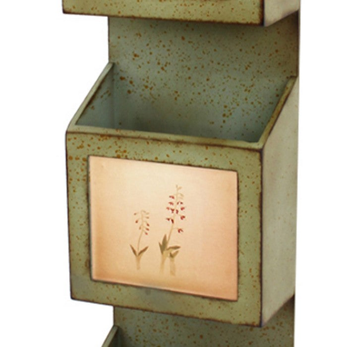 Rustic Wooden Wall Organizer with 3 Box Slots and Floral Pattern, Green