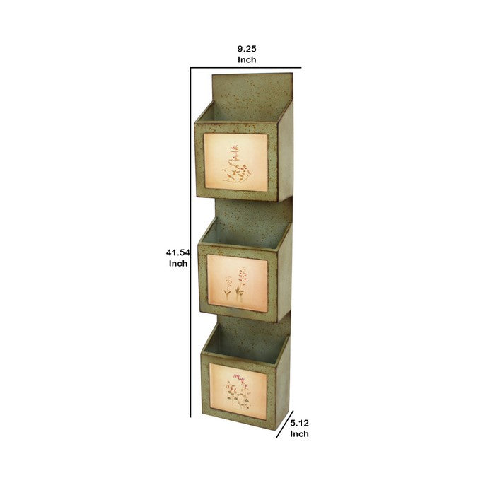 Rustic Wooden Wall Organizer with 3 Box Slots and Floral Pattern, Green