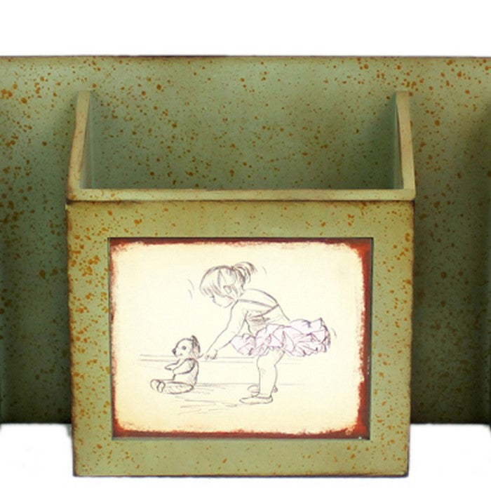 Rustic Horizontal Wall Organizer with 3 Slots and Metal Hooks, Green