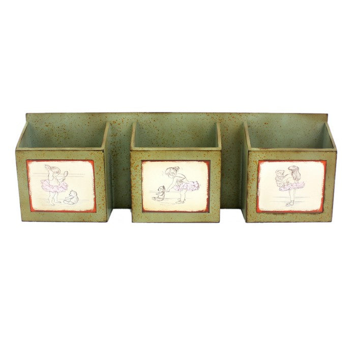 Rustic Horizontal Wall Organizer with 3 Slots and Metal Hooks, Green