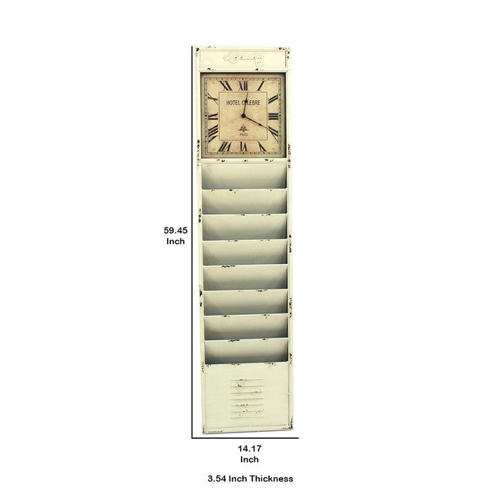 Antique Rustic Style Clock Design Wall Organizer with 6 Slots, White