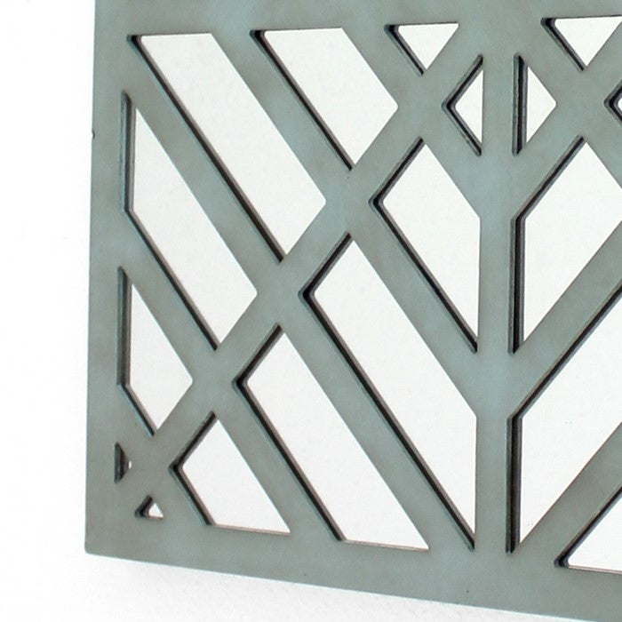 Contemporary Mirrored Wall Decor with Geometric Overlay on Top, Blue and Silver