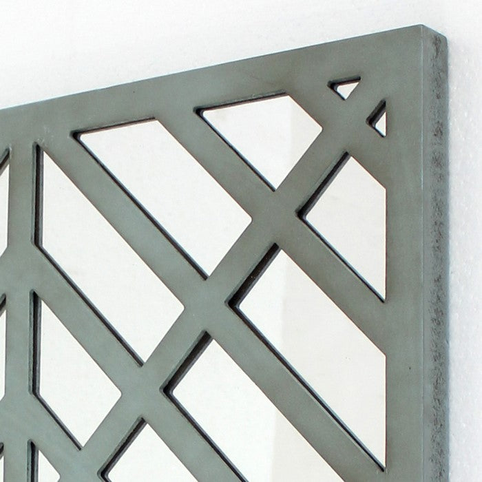 Contemporary Mirrored Wall Decor with Geometric Overlay on Top, Blue and Silver