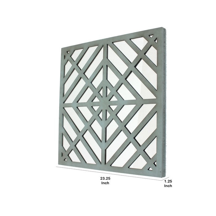 Contemporary Mirrored Wall Decor with Geometric Overlay on Top, Blue and Silver