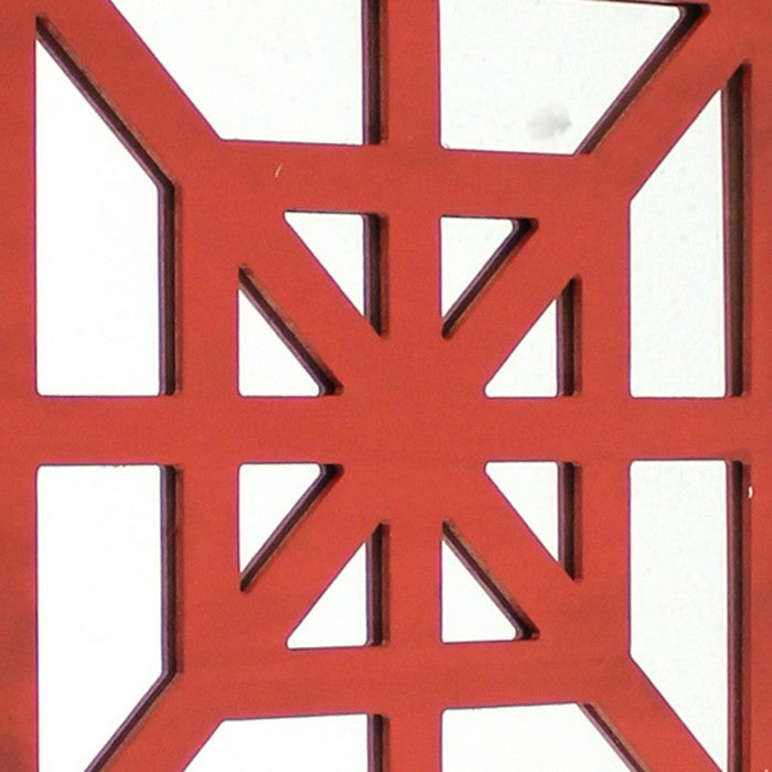 Wooden Wall Decor with Concentric Square Design on Top, Red and Silver