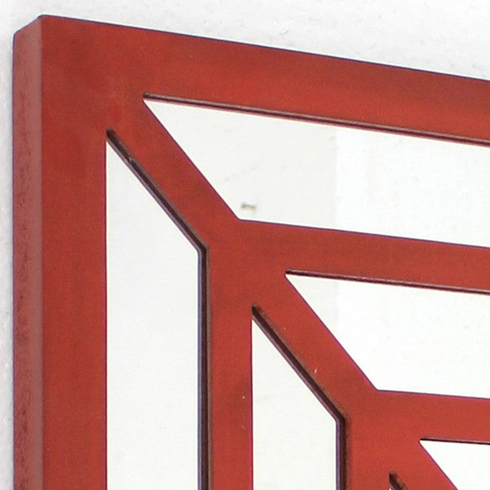 Wooden Wall Decor with Concentric Square Design on Top, Red and Silver