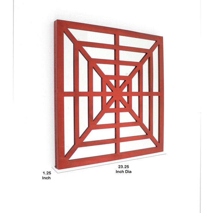 Wooden Wall Decor with Concentric Square Design on Top, Red and Silver
