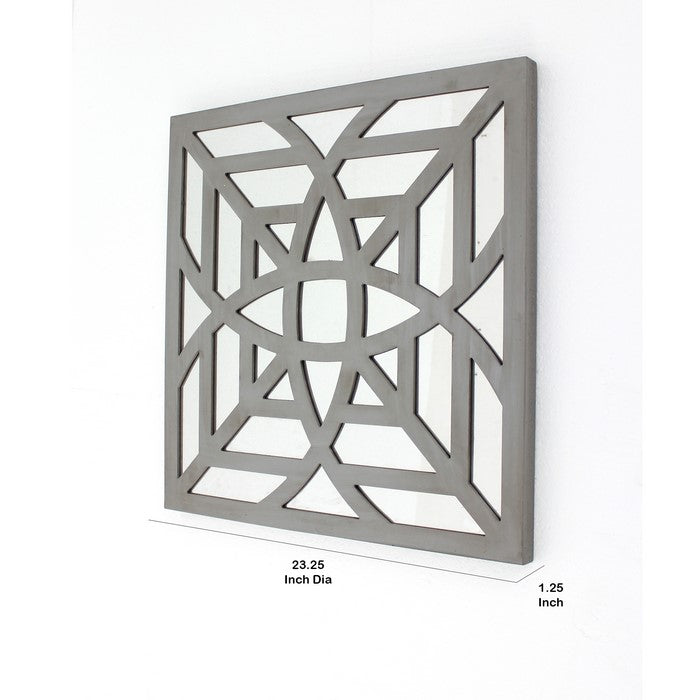 Mirrored Wall Decor with Decorative Geometric Design, Gray and Silver