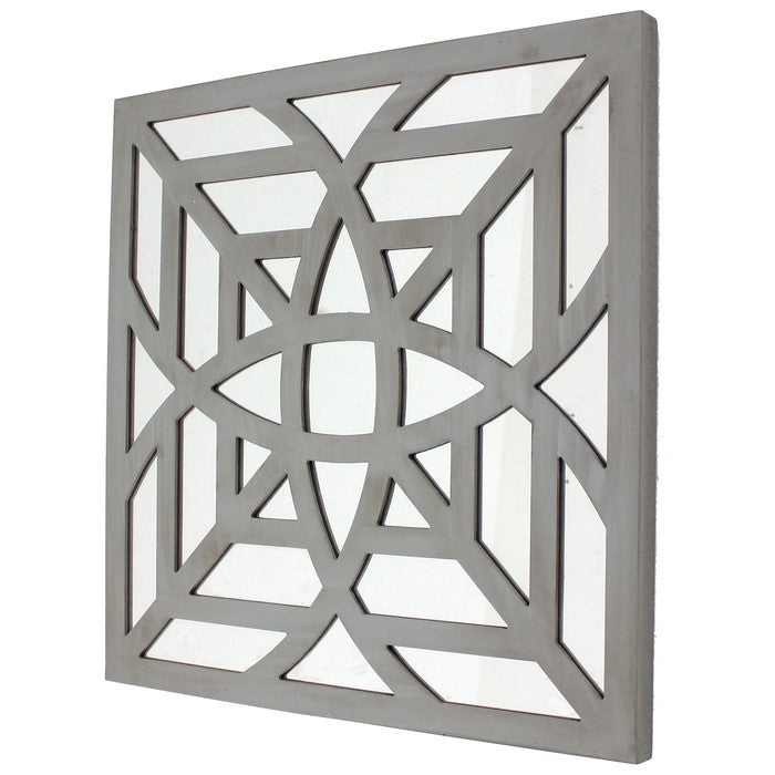 Mirrored Wall Decor with Decorative Geometric Design, Gray and Silver