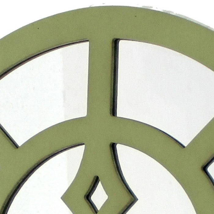 Round Wooden Wall Decor with Minimalist Pattern On Top, Green and Silver