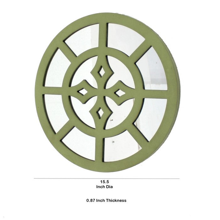 Round Wooden Wall Decor with Minimalist Pattern On Top, Green and Silver