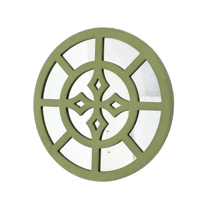 Round Wooden Wall Decor with Minimalist Pattern On Top, Green and Silver