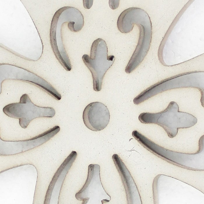 Cross Shaped Wooden Candle Holder with Scrolled Engravings, White