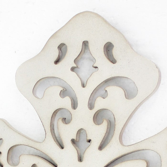 Cross Shaped Wooden Candle Holder with Scrolled Engravings, White