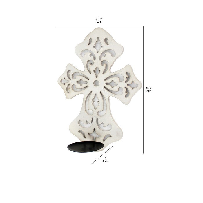 Cross Shaped Wooden Candle Holder with Scrolled Engravings, White