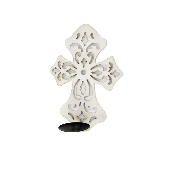 Cross Shaped Wooden Candle Holder with Scrolled Engravings, White