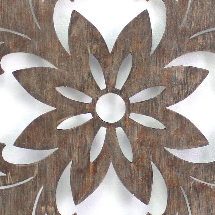 Traditional Square Shape Wooden Wall Decor with Floral Engraving, Brown