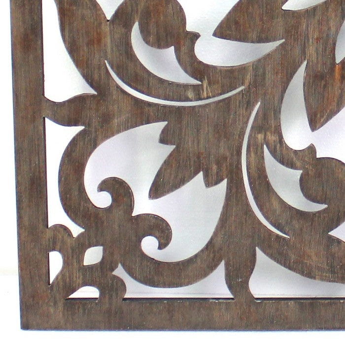 Traditional Square Shape Wooden Wall Decor with Floral Engraving, Brown