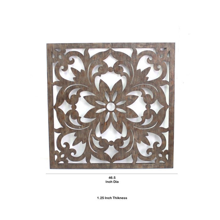 Traditional Square Shape Wooden Wall Decor with Floral Engraving, Brown