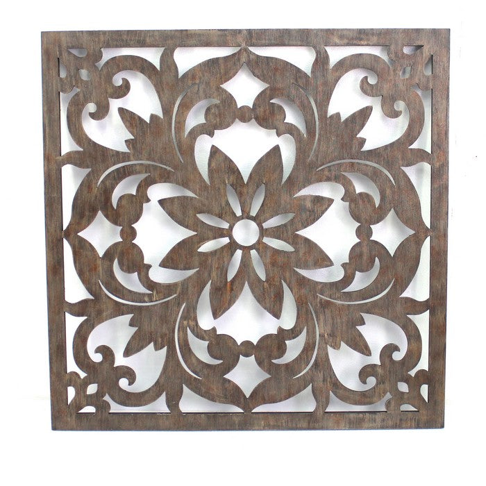 Traditional Square Shape Wooden Wall Decor with Floral Engraving, Brown