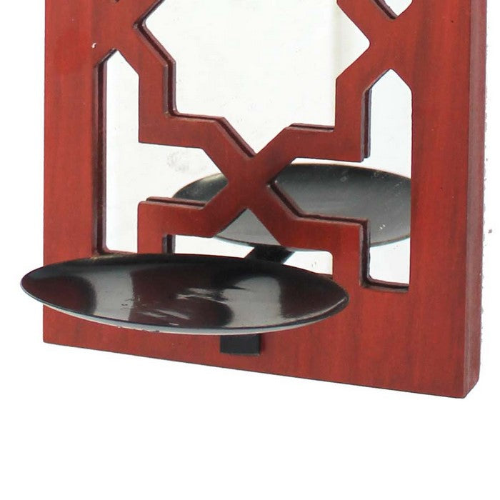 Transitional Mirrored Candle Holder with Lattice Design, Red and Silver