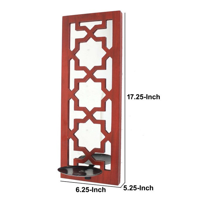 Transitional Mirrored Candle Holder with Lattice Design, Red and Silver