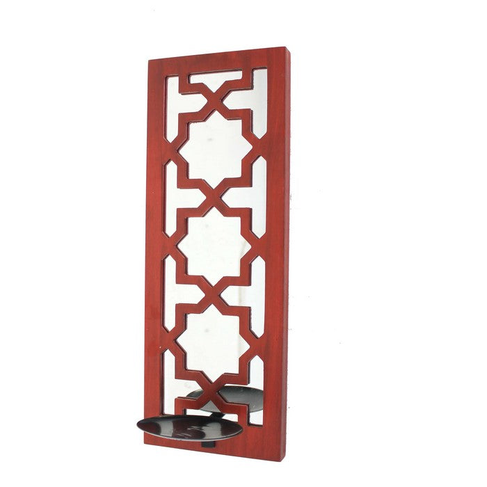 Transitional Mirrored Candle Holder with Lattice Design, Red and Silver