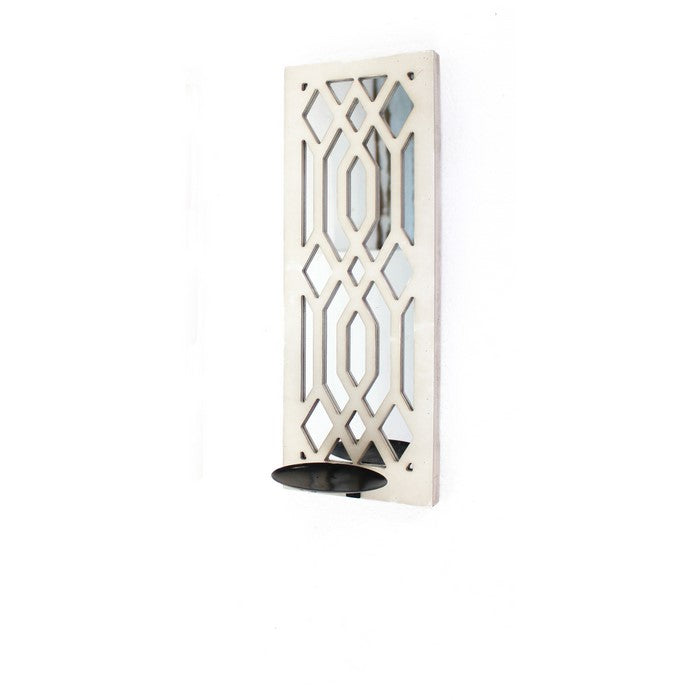 Wooden Rectangular Frame Candle Holder with Lattice Design, White