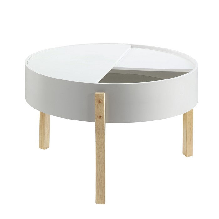 Round Wooden Coffee Table with Hidden Storage, White and Brown