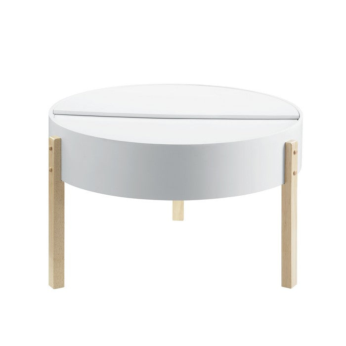 Round Wooden Coffee Table with Hidden Storage, White and Brown