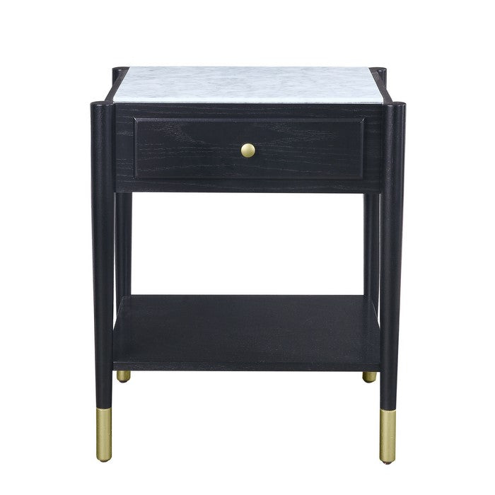 Marble Top End Table with 1 Drawer and 1 Bottom Shelf, Black and White