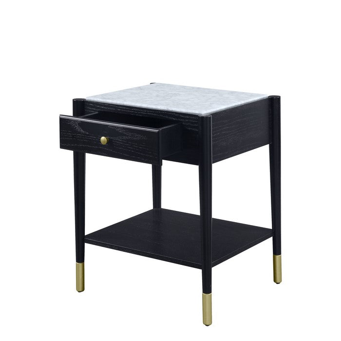 Marble Top End Table with 1 Drawer and 1 Bottom Shelf, Black and White
