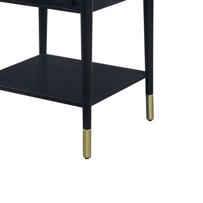 Marble Top End Table with 1 Drawer and 1 Bottom Shelf, Black and White