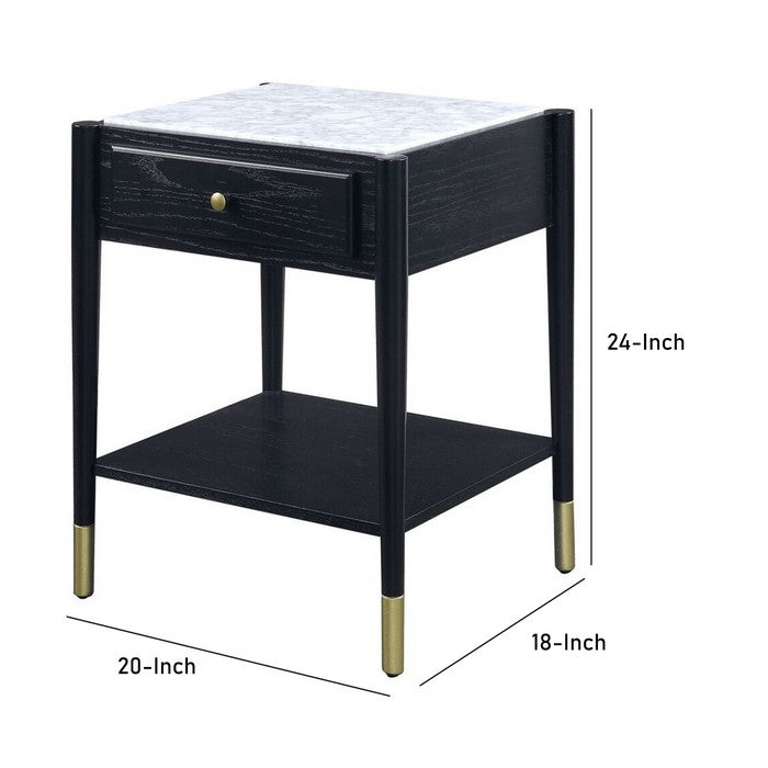 Marble Top End Table with 1 Drawer and 1 Bottom Shelf, Black and White